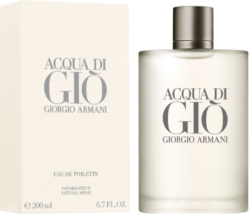 Eine Parfüfflasche und eine Verpackung mit Text für Giorgio Armanis Acqua di Giò, einfaches Design.