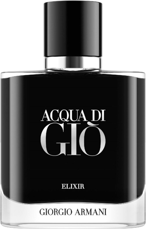 A black and white perfume bottle with simple text, labeled 'Acqua di Giò Elixir' and 'Giorgio Armani.'