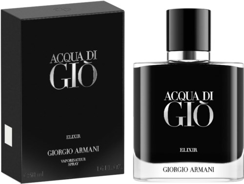 A black bottle of Giorgio Armani Acqua di Gio Elixir perfume, next to its box, both labeled with product name.