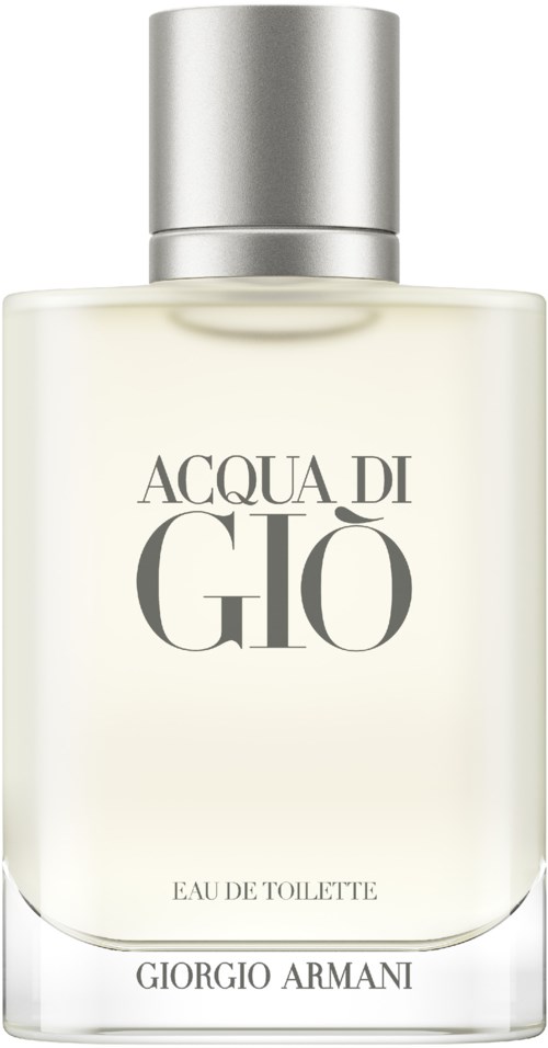 En flaska parfym Acqua di Giò av Giorgio Armani med silverlock och enkel etikett.