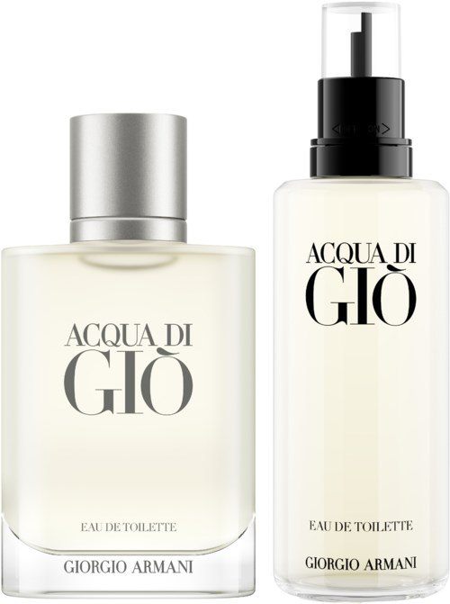 Två parfymflaskor, en med silverkork och den andra med svart spraytop, märkta 'Acqua di Giò' av Giorgio Armani.