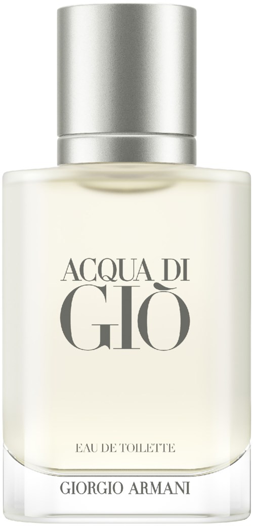 En vit parfymflaska med silverkork, märkt 'Acqua di Giò' av Giorgio Armani.