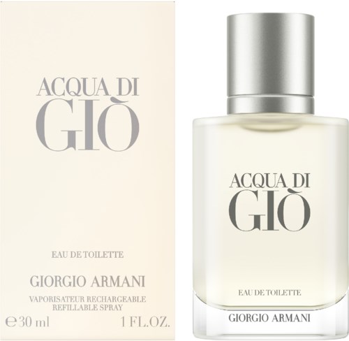En parfymflaska och box för Acqua di Giò av Giorgio Armani, med silverlock och enkel elegant design.