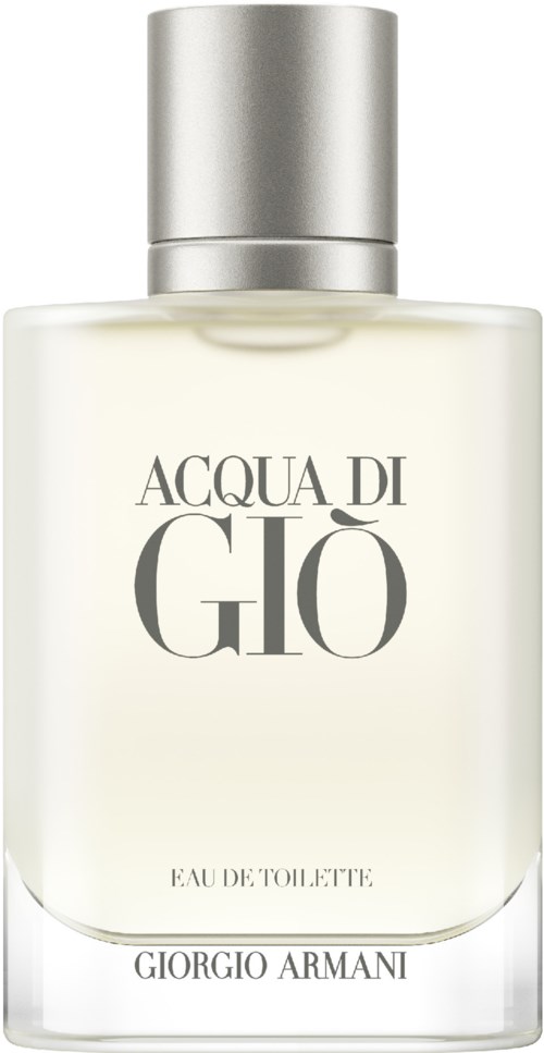 En parfymflaska med silverlock och klar kropp, märkta 'Acqua di Giò' av Giorgio Armani.