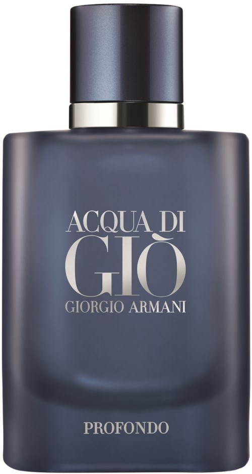 En mörkblå flaska med silverlock, märkt 'Acqua di Giò Profondo' av Giorgio Armani.