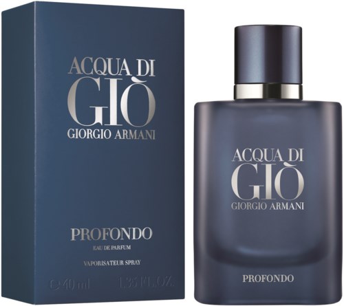 En mörkblå parfymflaska och box med silvrig text, märkt 'Acqua di Giò Profondo Giorgio Armani'.