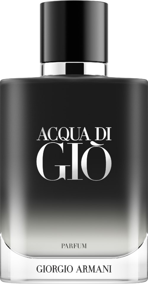 Eine schwarze Parfümflasche mit Silberkappe, beschriftet 'ACQUA DI GIO' und 'Giorgio Armani'.
