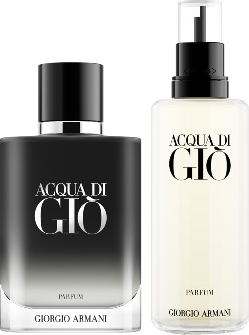 Zwei Parfümflaschen, eine schwarz und eine durchsichtig, mit Giorgio Armani-Branding und elegantem Design.