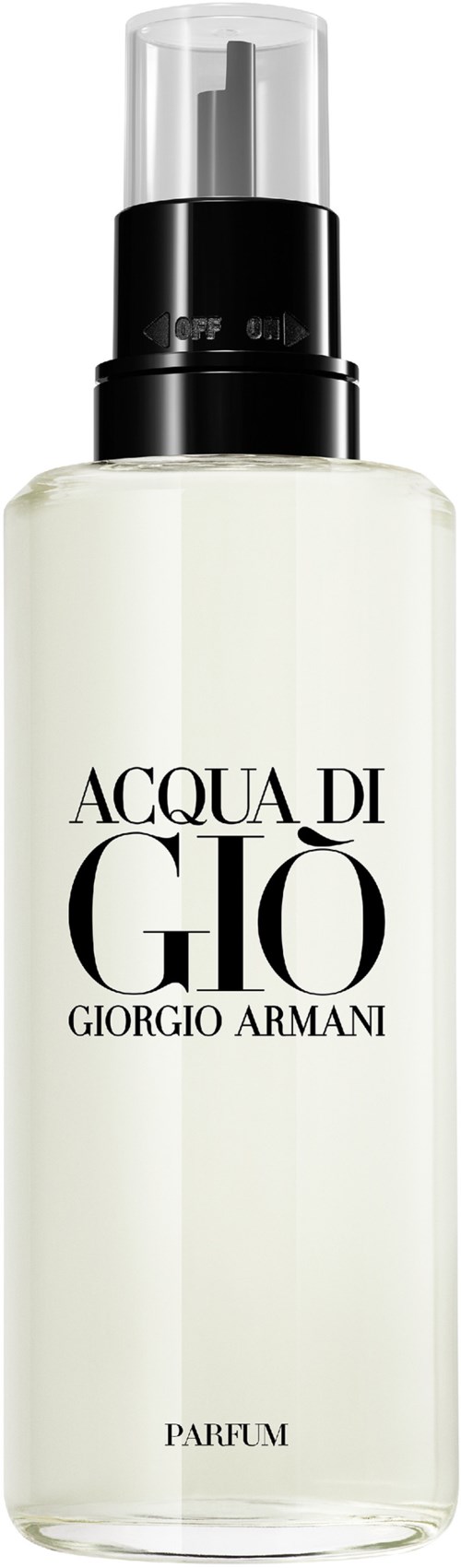 Giorgio Armani Acqua di Giò Parfümflasche mit schwarzem Pumpkopf und klarem Design.