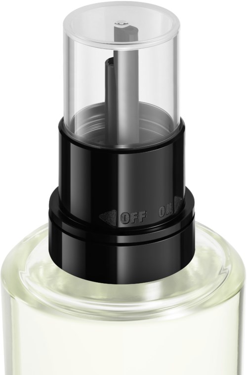 Ein schwarzer und transparenter Plastiksprühebel auf einer weißen Flasche, mit sichtbaren Einstellungen von OFF bis 0,5.