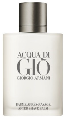 Een witte fles met een grijze dop, gelabeld 'Acqua di Giò' door Giorgio Armani, voor aftershave.