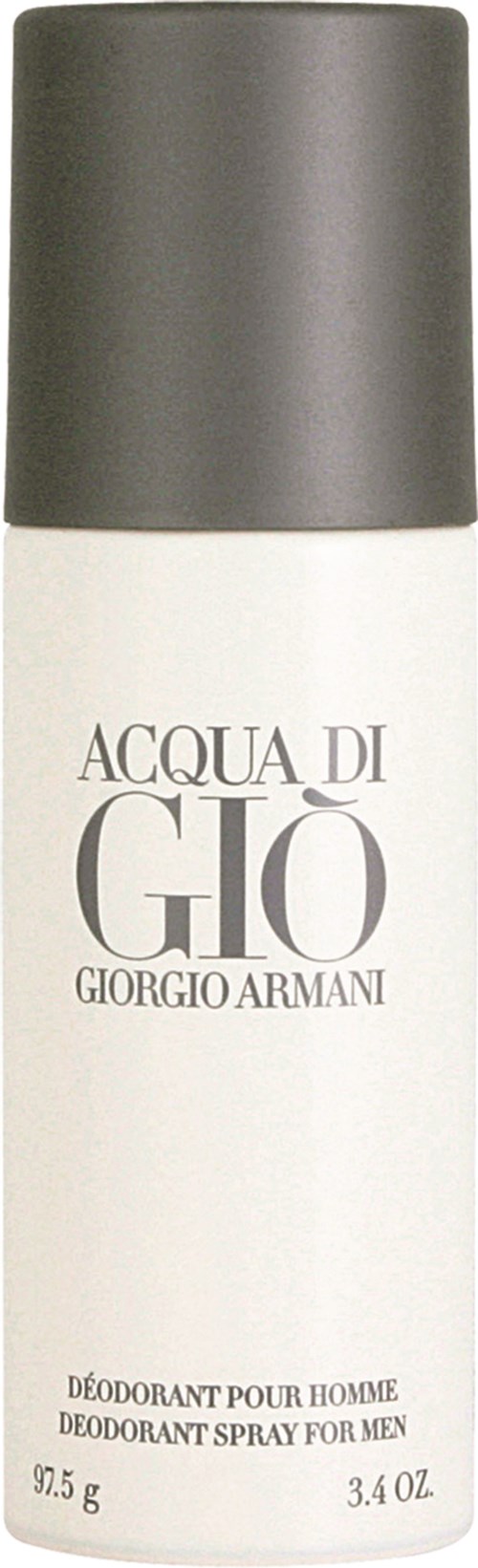 Eine weiße Flasche mit schwarzen Deckel, bezeichnet 'Acqua di Giò' von Giorgio Armani, für Männer Deodorantspray, 97,5 g.