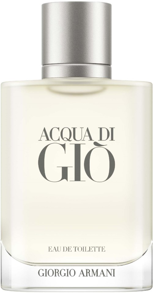 A perfume bottle with a silver cap and simple label, stating Giorgio Armani and Acqua di Giò.