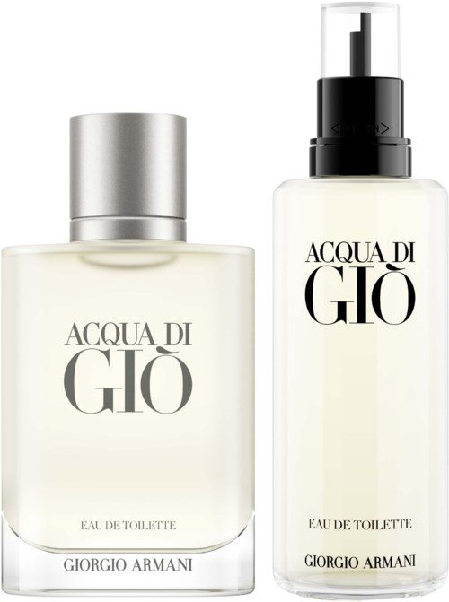 Two perfume bottles: one with silver cap, another with spray nozzle, labeled 'Acqua di Giò' by Giorgio Armani.