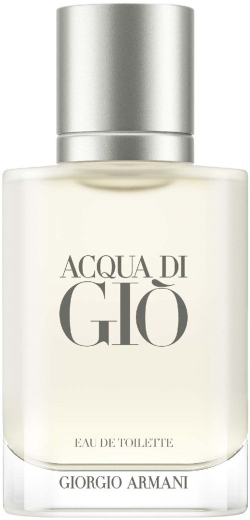 A perfume bottle with a silver cap and label, labeled "Acqua di Giò" by Giorgio Armani.