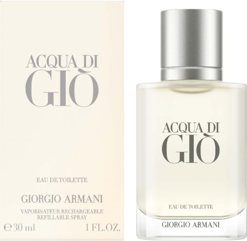 A perfume bottle and box with the words ``Acqua di Giò'' and ``Giorgio Armani,'' silver cap, and minimal design.