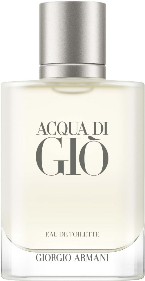 A clear perfume bottle with silver cap, labeled 'Acqua di Giò' by Giorgio Armani, standing upright.