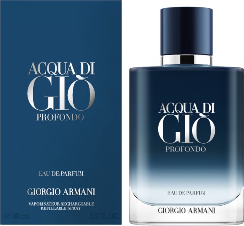 Eine blaue Parfüflasche und Schachtel mit weißen Texten für Acqua di Giò Profondo von Giorgio Armani.
