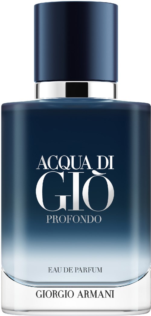 A dark blue perfume bottle with silver cap, labeled 'Acqua di Giò Profondo' by Giorgio Armani.