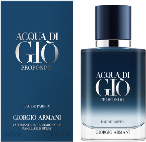 A blue perfume bottle with white and silver text, with the box showing the same design, presenting 'Acqua di Giò Profondo'.