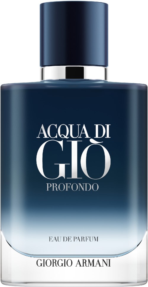 A dark blue perfume bottle with white text, labeled 'Acqua di Giò Profondo' by Giorgio Armani.