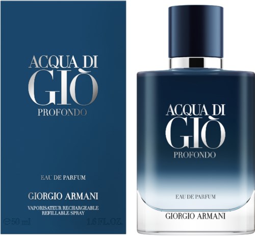 A blue perfume box and bottle with silver accents, labeled 'Acqua di Giò Profondo' by Giorgio Armani.