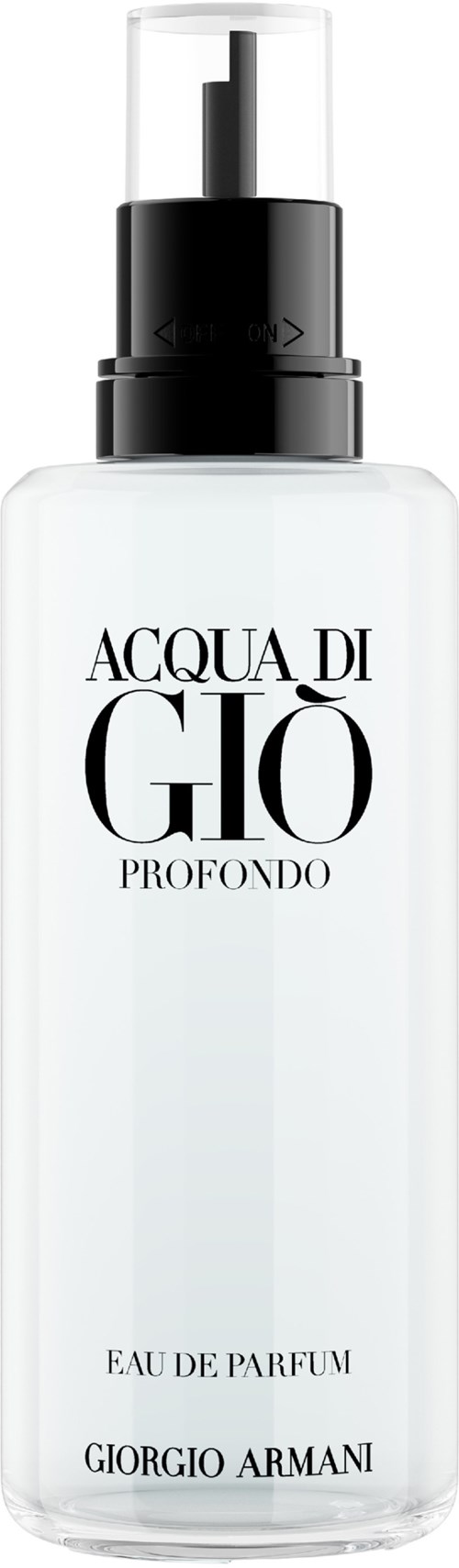 Eine klare Parfümflasche mit schwarzem Sprühkopf und Text 'Acqua di Giò Profondo' von Giorgio Armani.