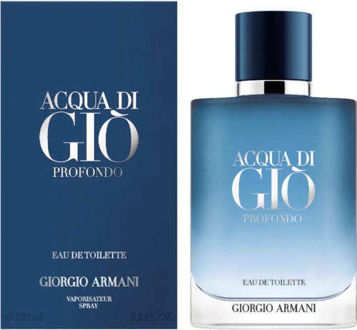 A blue perfume bottle and box with white text, labeled 'Acqua di Giò Profondo' by Giorgio Armani.
