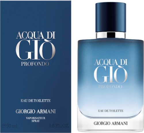 A blue perfume bottle with a matching box, both labeled 'Acqua di Giò Profondo' by Giorgio Armani.