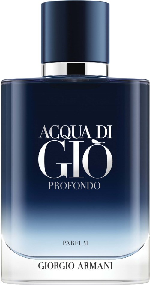 A dark blue perfume bottle with a matching cap. Text says 'Acqua di Giò Profondo' and 'Giorgio Armani' at the bottom.