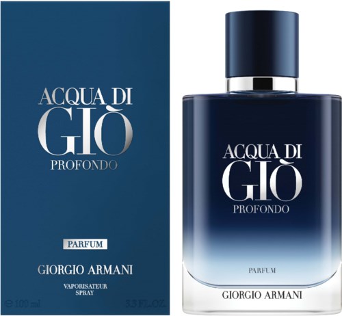 A perfume bottle and box, both dark blue, with white lettering for 'Acqua di Giò Profondo' by Giorgio Armani.