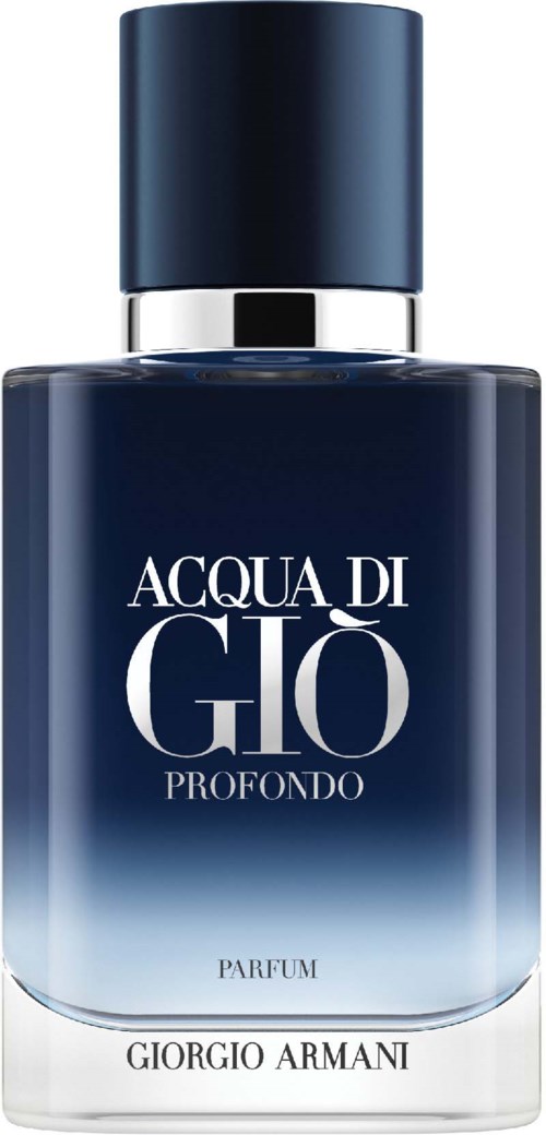 Ein dunkelblauer Parfümflakon mit silberner Kappe, beschriftet 'Acqua di Giò Profondo' von Giorgio Armani.