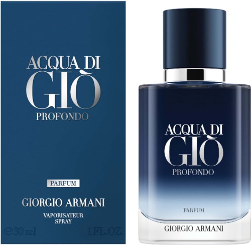 Ein Parfümflasche und eine Box in Blau und Weiß, beschriftet 'Acqua di Giò Profondo' von Giorgio Armani.