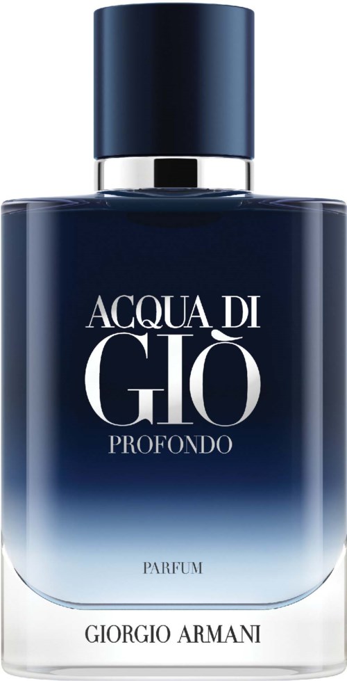 Een blauw parfumfles met een donkerblauwe dop, geëtiketteerd 'Acqua di Giò Profondo' door Giorgio Armani.