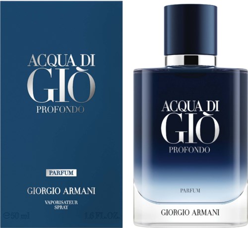 Een parfumfles en doos, donkerblauwe verloopkleur, met tekst voor Acqua di Giò Profondo door Giorgio Armani.
