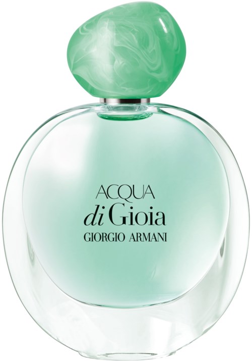 Ein Parfümflasche mit grünem Deckel und hellgrüner Flüssigkeit, etiketti 'ACQUA di Gioia' von Giorgio Armani.
