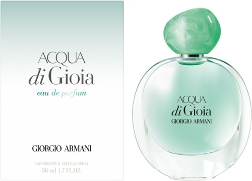 Ein Parfümflasche und Verpackungsaufkleber für Acqua di Gioia von Giorgio Armani mit grünen und weißen Designelementen.