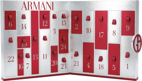 Armanis julkalender med numrerade dörrar och små röda handtag.