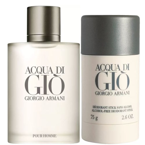 Two grooming products, a bottle of spray and a stick, from Giorgio Armani's Acqua di Gió line.