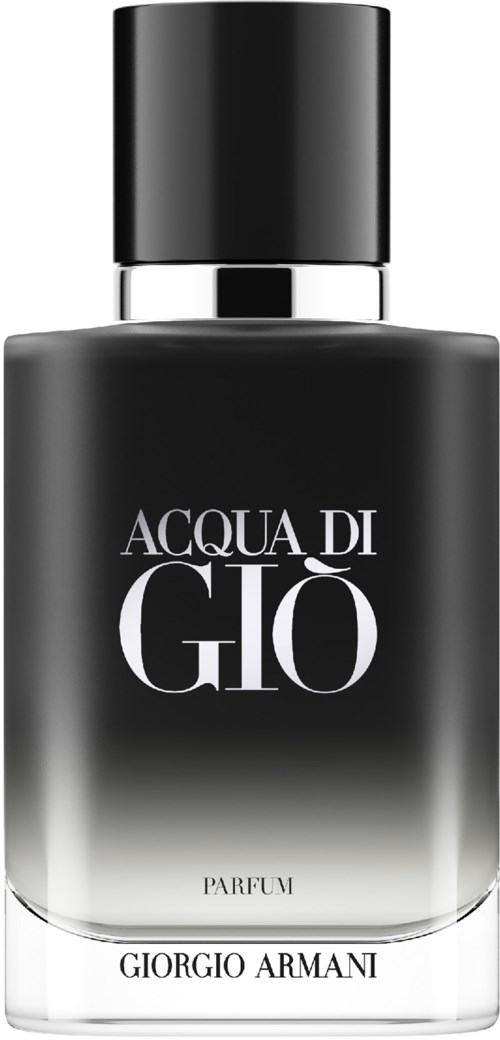 A black perfume bottle with silver accents, labeled 'Acqua di Giò' by Giorgio Armani.
