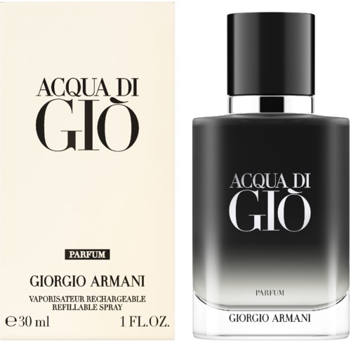 A perfume bottle with black and white design, featuring the text 'Acqua di Giò' and 'Giorgio Armani'.