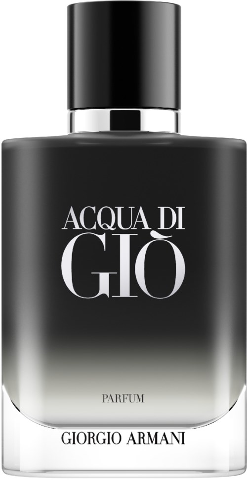 A black and white perfume bottle with the label 'Acqua di Giò' by Giorgio Armani.