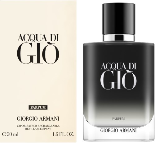 A black and white bottle of Acqua di Giò perfume by Giorgio Armani, with matching cream box.