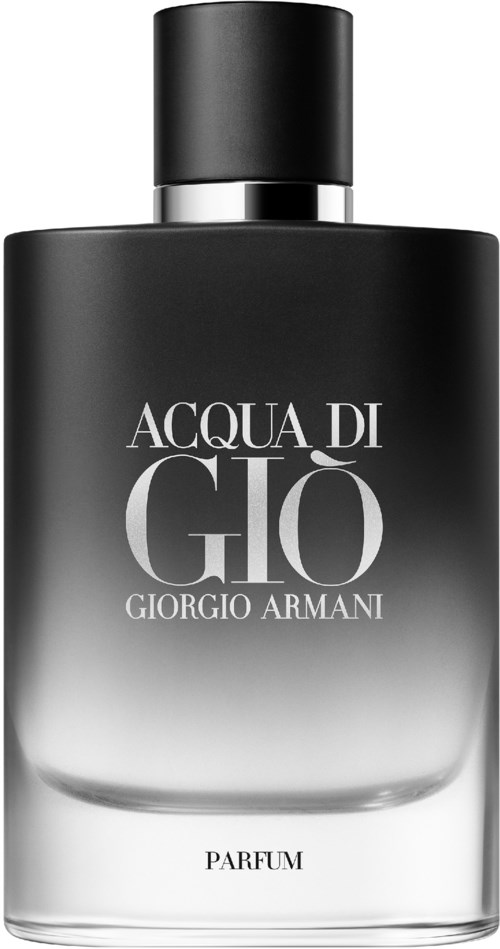 En svart parfymflaska med vit och grå text, märkt 'Acqua di Giò' av Giorgio Armani.