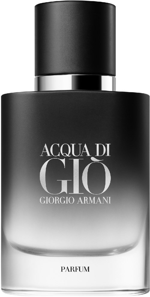 Svart och grå gradient parfymflaska med vit text, märkt Acqua di Giò av Giorgio Armani.