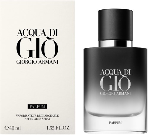 En parfyllåda och flaska i svart, vitt och grått. Etiketten säger 'Acqua di Giò' av Giorgio Armani.