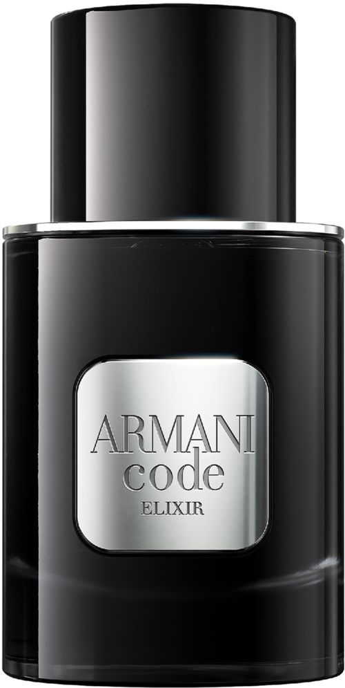 Eine schwarze Flasche mit Armani Code Elixir Parfüm, glänzender silberner Kappe und minimalistischen Design.