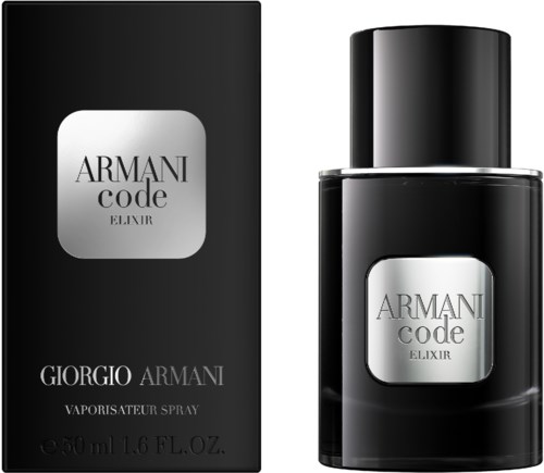 Eine schwarze Flasche und Schachtel mit Giorgio Armani Code Elixir Parfüm. Die Box hat silbernen und schwarzen Text.