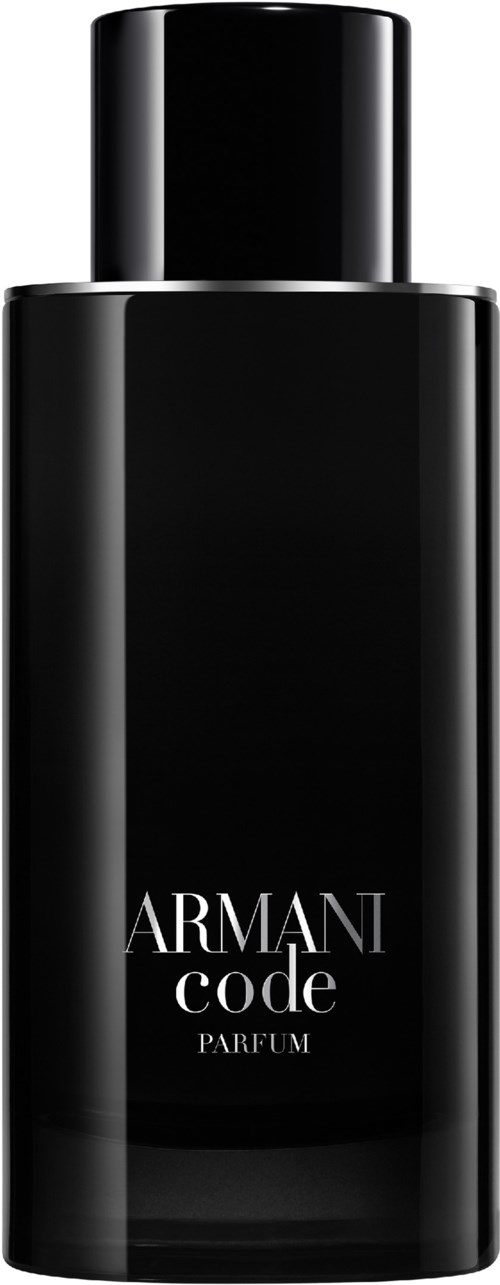 A tall black perfume bottle with the words 'ARMANI code PARFUM' on it.