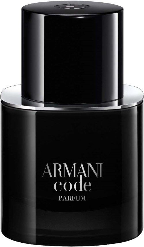 Eine schwarze Parfümflasche mit einem schlichten, modernen Design und der Aufschrift "ARMANI code PARFUM".